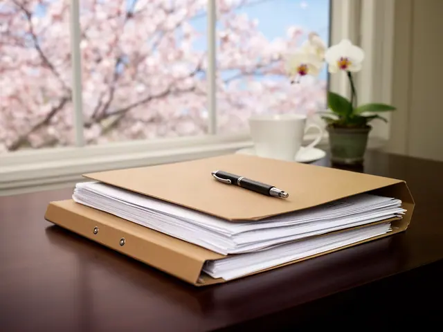 Stack of papers in kraft folders with a pen on a dark wooden desk by a window with cherry blossoms
