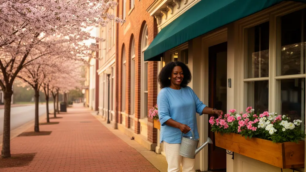 Smiling tea shop owner in a blue linen shirt tending flower boxes outside her shop on a cherry-blossom street